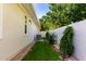 Side yard with a small grassy area and mature trees, providing privacy and shade at 2879 E Austin Dr, Gilbert, AZ 85296