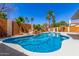 Private pool with lush tropical landscaping including palm trees, rock features, and privacy walls at 3424 E Harmony Ave, Mesa, AZ 85204