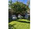 Lush backyard featuring vibrant green grass, a lemon tree, and stylish striped outdoor furniture at 6819 E Sheena Dr, Scottsdale, AZ 85254