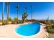 Backyard showcasing a refreshing pool with tropical palm trees and desert landscaping, perfect for relaxation at 8752 E Range Rider Trl, Mesa, AZ 85207
