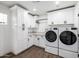 Laundry room with modern front-load washer and dryer, stylish cabinets, and granite countertops at 7802 N 6Th St, Phoenix, AZ 85020