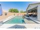 Private swimming pool surrounded by a patio, lush landscaping, and charming backyard elements at 24638 N 144Th Ave, Surprise, AZ 85387