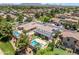 Aerial view of desert home featuring a backyard pool, grass yard, and mature trees in a neighborhood setting at 3806 E Taurus Pl, Chandler, AZ 85249