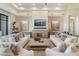 Elegant living room with white sofas, fireplace, TV, and access to natural light at 2 Biltmore Est # 313, Phoenix, AZ 85016