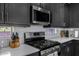 Close-up of a modern kitchen with stainless steel appliances and stylish dark cabinetry at 4352 N 91St Gln, Phoenix, AZ 85037
