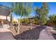 Lush landscaping with desert plants and trees lining a stone-covered walkway in backyard at 6929 E Quill St, Mesa, AZ 85207