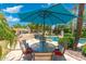 Backyard patio with an umbrella-covered table and chairs overlooking the pool at 7734 E Monica Dr, Scottsdale, AZ 85255