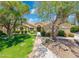 Charming single-story home with a well-manicured lawn, mature trees, and stone walkway at 7734 E Monica Dr, Scottsdale, AZ 85255