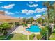 Backyard features a sparkling pool with waterfalls surrounded by lush greenery at 7734 E Monica Dr, Scottsdale, AZ 85255