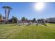 Green lawn area with community pool. Palm trees provide shade and a tropical feel at 943 E Kortsen Rd # 2, Casa Grande, AZ 85122