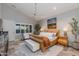Main bedroom with vaulted ceilings, a decorative fireplace, and large window at 1753 N Berrett --, Mesa, AZ 85207