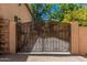 Wrought iron gate provides privacy and security with a peek into the lush green backyard at 24348 S 201St Ct, Queen Creek, AZ 85142