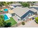 Aerial view of backyard with a sparkling pool, an artificial lawn, and ample space for outdoor lounging at 34970 N Spur Cir, San Tan Valley, AZ 85144