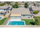 Aerial of a backyard featuring a sparkling pool, an artificial lawn, and a covered patio for outdoor enjoyment at 34970 N Spur Cir, San Tan Valley, AZ 85144