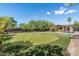 Lush backyard with a putting green, pool, covered patio, and mature landscaping at 4610 E Meadowview Dr, Gilbert, AZ 85298
