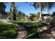 Lush backyard with brick path, shade trees and manicured lawn at 7214 E Royal Palm Rd, Scottsdale, AZ 85258