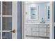 Bathroom showcasing stylish double vanities, neutral paint and decorative tile backsplash at 1638 N Avoca --, Mesa, AZ 85207