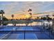 Enjoy active living with well-maintained pickleball courts set against a backdrop of a scenic lake and sunset at 520 S Sand Verbena Way, Mesa, AZ 85208