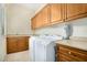 Functional laundry room with wooden cabinets, sink, and modern washer/dryer units at 8298 E Tailfeather Dr, Scottsdale, AZ 85255