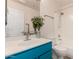 Bathroom with blue vanity, white sink, and shower with greenery at 16823 S 24Th Pl, Phoenix, AZ 85048