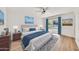 Staged bedroom with light wood floors and sliding glass doors to a patio at 18428 N 42Nd St, Phoenix, AZ 85032