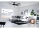 Bright and airy living room with a comfortable gray sofa, tile floors, and modern decor at 2023 N 79Th Pl, Scottsdale, AZ 85257