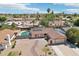 Stunning aerial view of a home with a sparkling pool, solar panels, and a desert landscaped front yard at 207 E Strahan Dr, Tempe, AZ 85283