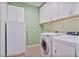 Clean laundry room featuring white cabinets, washer, and dryer at 25030 N 172Nd Ln, Surprise, AZ 85387