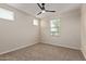Bedroom featuring neutral carpet, ceiling fan, and two large windows at 3507 E Alfalfa Dr, Gilbert, AZ 85298