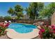 Backyard featuring a blue pool with waterfall and lush green landscaping at 12417 W Apache St, Avondale, AZ 85323