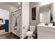 Bathroom featuring Paris themed shower curtain, vanity and toilet at 4595 W Foldwing Dr, San Tan Valley, AZ 85144