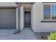 Close-up view of the home's inviting entrance, showcasing the modern front door and manicured landscaping at 6145 S Adelle --, Mesa, AZ 85212