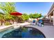 The freeform pool and patio area of this home features mature fruit trees, a built-in BBQ, and seating at 816 W Sycamore Ct, Litchfield Park, AZ 85340
