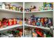 Organized walk-in pantry with shelving stocked with an array of food and household essentials at 16551 W Winston Dr, Goodyear, AZ 85338
