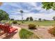 Relaxing back patio overlooking the golf course with desert landscaping, mature trees, and comfortable seating at 18626 N 130Th Ave, Sun City West, AZ 85375