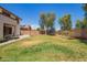 Expansive backyard with a trampoline, basketball hoop, mature trees, and patio at 597 S 221St Dr, Buckeye, AZ 85326