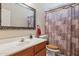 Bathroom with wood vanity, tile mirror and patterned shower curtain at 17229 N 51St Dr, Glendale, AZ 85308