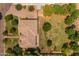 Overhead perspective highlights a spacious home with a large tile roof and a generous, grassy backyard at 21228 E Excelsior Ave, Queen Creek, AZ 85142