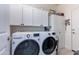 The laundry room showcases modern white appliances, cabinet storage, and clean, functional design at 42406 W Posada Dr, Maricopa, AZ 85138
