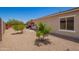 Gravel backyard with mature trees and a well-maintained exterior, close to covered patio at 5735 S Cloverdale Ln, Gilbert, AZ 85298