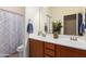 Well-lit bathroom featuring dual sinks, wood cabinets, and a shower with decorative curtains at 5735 S Cloverdale Ln, Gilbert, AZ 85298