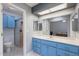 Updated bathroom boasts blue vanity and shower at 9339 E Sun Lakes N Blvd, Sun Lakes, AZ 85248