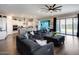 Open concept living room and kitchen featuring stainless steel appliances, a large island, and stylish décor at 9723 W Patrick Ln, Peoria, AZ 85383