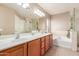 A well-lit bathroom with double sinks, a soaking tub, and a glass enclosed shower at 14436 N 162Nd Ln, Surprise, AZ 85379