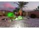 Unique backyard featuring whimsical dinosaur statues, desert plants, and ambient lighting, creating a playful atmosphere at 31453 N Blackfoot Dr, San Tan Valley, AZ 85143