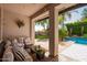 Relaxing covered patio with comfortable seating overlooks a lush backyard and sparkling pool at 530 S Emerson St, Chandler, AZ 85225