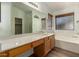 Spacious bathroom with vanity area and tub, features a large window that offers natural light and neighborhood views at 15460 W Mescal W St, Surprise, AZ 85379