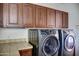 Functional laundry room with wood cabinets, countertop space, and modern washer and dryer at 1707 E Carob Dr, Chandler, AZ 85286