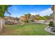 Large grassy backyard with a pool, trampoline, patio, and lush landscaping at 18518 E Ashridge Dr, Queen Creek, AZ 85142