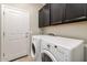 Functional laundry room with washer, dryer, dark upper cabinets and a door for convenient access at 3048 W Thorn Tree Dr, Phoenix, AZ 85085